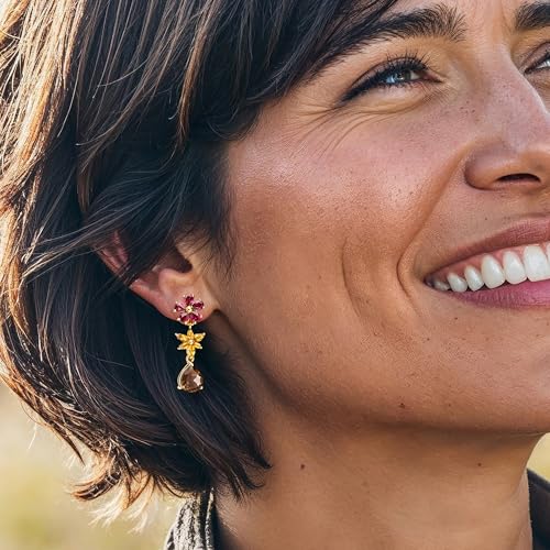 Ross-Simons 2.80 ct. t.w. Smoky Quartz and 2.00 ct. t.w. Rhodolite Garnet Flower Drop Earrings With .60 ct. t.w. Citrines in 18kt Gold Over Sterling2