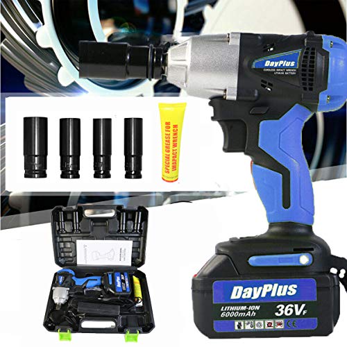 DayPlus Akku Schlagschrauber 1/2 Zoll 18V 6.0Ah Akku, Max. Drehmoment: 420 Nm Drehschlagschrauber mit LED Leicht, 4*Steckschlüsselset , Gürtelclip & Werkzeugkoffer, mit 1 Akku (Blau) Cover