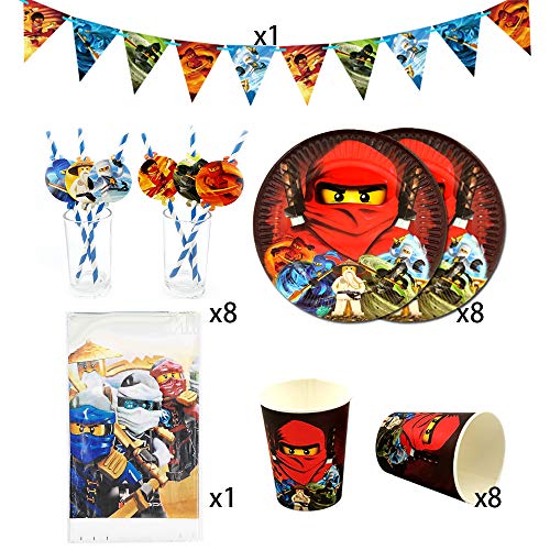Tazas desechables Suministros para fiesta Phantom Ninja 26 paquetes 8 Set de cubiertos decorativos para fiesta de cumpleaños de Ninjago para niños, plato + taza + paja + estandarte + mantel