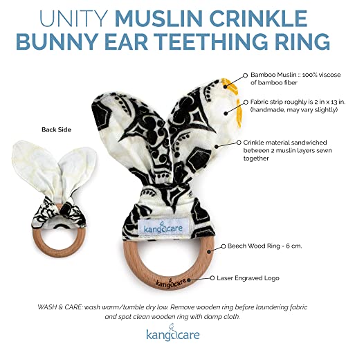 Image of Kanga Care Baby Soft Muslin Sensory Crinkle Bunny Ear Wood Teething Ring - Unity Bees