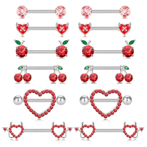 14G Nipple Rings for Women 316L Stainless Steel Heart,Butterfly,Moon,Devil,Flower Nipple Barbell CZ Nipple Rings Set Nipplerings Piercing Jewelry