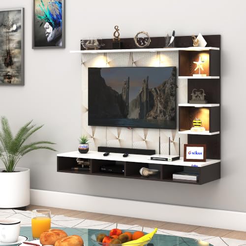 Image of Anikaa Kirina Engineered Wood Wall-Mount TV Unit with PVC Back Panel & LED Lights | TV Cabinet with Storage Box & Decorative Shelves (Wenge /White) | Ideal for TVs up to 55 Inch | DIY Installation