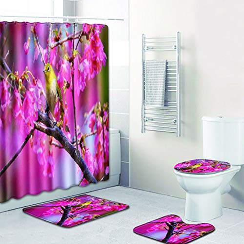 XUEPINGyd Vogel Muster, 4 Stück Badematte Sets (Duschvorhang+Rutschfeste Bad Teppich+Teppichboden+WC-Sitzbezug) 2 Haken…