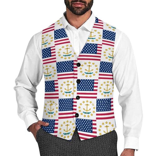 Flag of Usa And Rhode Island Suit Vest for Men Waistcoat Dressy V Neck Button Down Sleeveless Business Jacket Coat