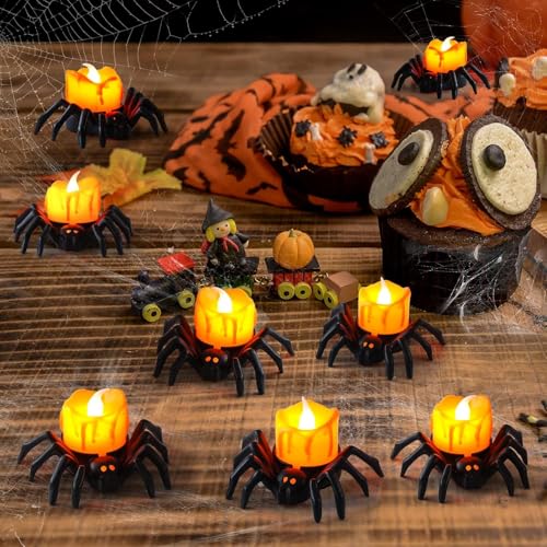 Image of 6Pcs Halloween Spider LED Tea Lights Battery Orange Spooky Home Dec | 3.4X2.8X2 in, Made of Smooth Plastic, Flameless Bright Spooky Decor For Halloween & Fun Holiday Parties
