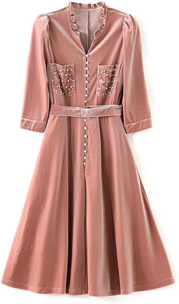 JSEIAJB Autumn Socialite Heavy Industry Nail Bead Velvet Slimming Dress for Children's Wear
