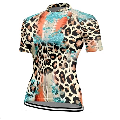 Mateju Transpirable Maillot Ciclismo para Mujer, Ropa Ciclismo Exterior con Cremallera y Bolsillos, Verano Moda Sencilla Camisetas Manga Corta Hombre, Camiseta Mujer Elástico (Leopardo,4XL)