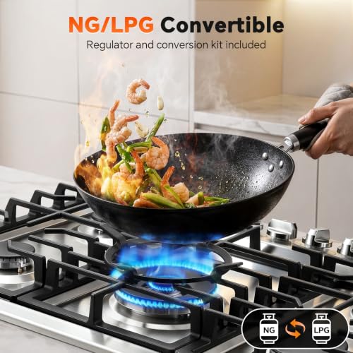 Image of Gas Cooktop 30 inch 5 Italy SABAF Burners with Wok Ring, NG /LPG Convertible | Thermocouple Protection, Built-in 30-inch, Auto Ignition, 48,300 BTU High Power, Stainless Steel, ETL Certified