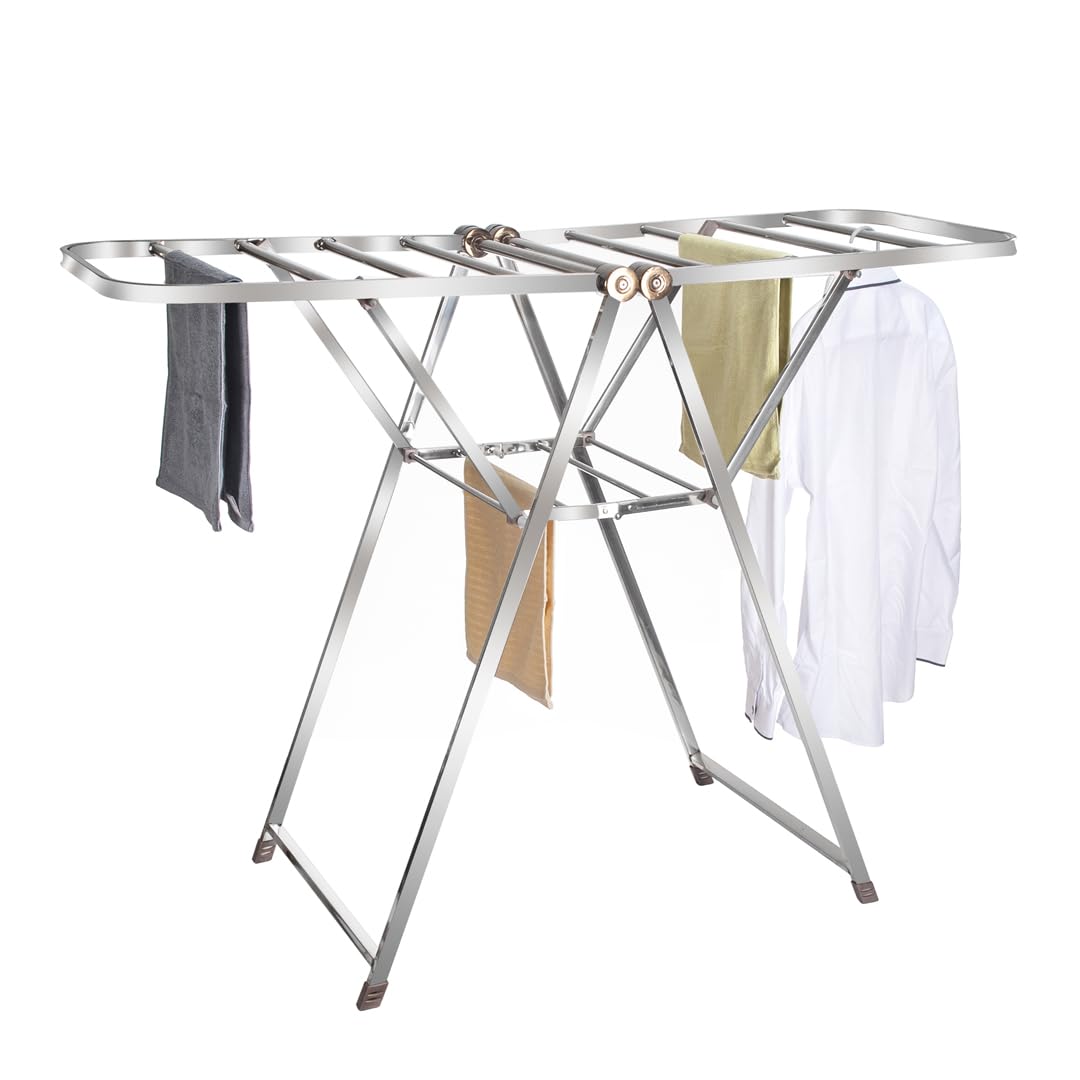 HOUSZY Folding Clothes Drying Rack – 2-Level Winged Steel Laundry Airer with Adjustable Hanger Arms, Freestanding Indoor & Outdoor Cloth Drying Stand, Foldable Clothes Dryer Rack — image 1