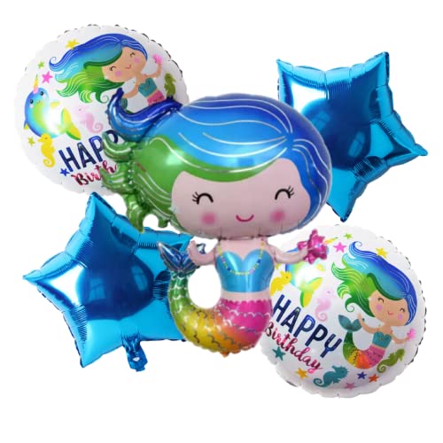 Image of Party Decorz Mermaid Theme Foil Balloon set of 5pcs(1pcs Mermaid Tail Foil Balloon+2pcs Round Foil Balloon +2pcs Star Foil Balloon) For Children Birthday Party Decorations
