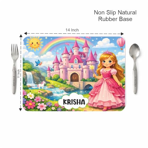 Image of Customized Table Mat with Name & Design Engraving | Personalized Dining Mat with Spoon & Fork | Customized Birthday Gift for Kids (Princess)