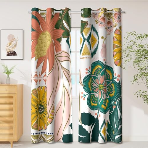 Image of Tyrot Boho Floral Grommet Blackout Curtains, 42W x 63L, 2 Panels | Botanical, Thermal Insulated, Heat Blocking, Light Blocking Privacy, Drapes for Bedroom and Living Room, Heavyweight