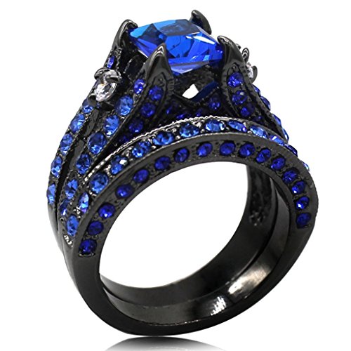 Black Blue Princess Cut Cubic Zirconia Wedding Ring Set2