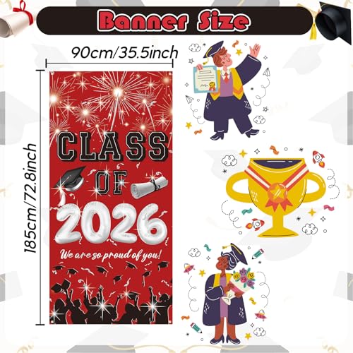 Image of Graduation Banner, Graduation Decoration, 2026 Red and Black Congrat Grad Door Banner, Class of 2026 Grad Sign Backdrop for Indoor Outdoor Yard for University High School Commencement Party 90*185cm