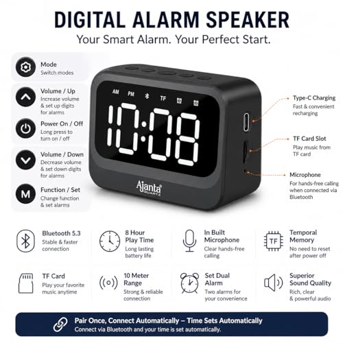 Image of Ajanta Digital Alarm Clock Bluetooth Speaker with LED Display, Bluetooth 5.3, Dual Alarm, TF Card Support, Built-in Mic, Type-C Rechargeable, Auto Time Sync, 8 Hour Playtime (White.)