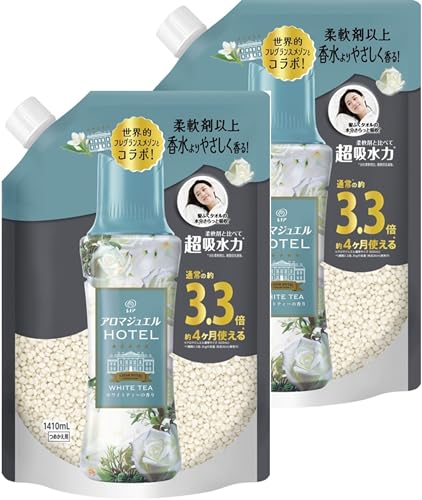 【まとめ買い】レノ ア ハピネス アロマジュエル ホワイトティーの香り 詰め替え 特大 1410ml ×2袋 柔軟剤 香り付けビーズ 長続き 消臭 ホテルの香り オリジナルメッセージカード付