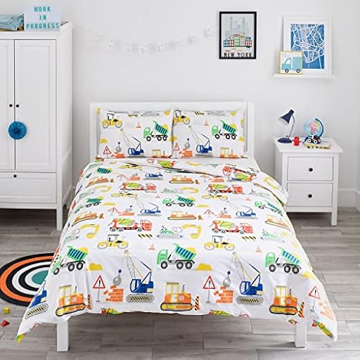 Bloomsbury Mill - Juego de Funda Nórdica Cama 105 para Niños y Niñas - Vehículos de Construcción - Camiones, Excavadoras y Grúas - Juego de Edredón Reversible y 2 Almohadas para Infantil - 200x200 cm | Ya disponible en tu tienda friki favorita! En mundofriki.es!