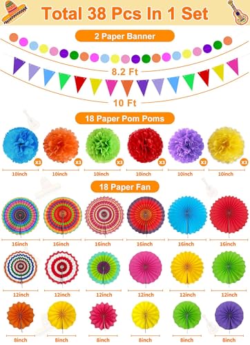 Image of TURNMEON 38 Pcs Fiesta Party Decorations, Mexican Party Decorations 18 Colorful Hanging Paper Fans 18 Pom Poms Pennant Garland String for Mexican Decorations Taco Tuesday Birthday Hawaiian Luau Party