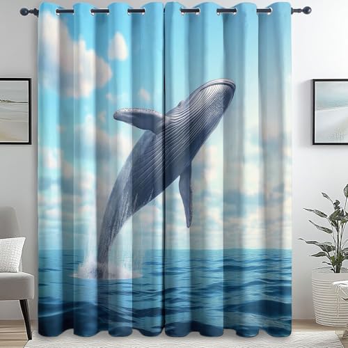 Genérico Cortinas Opacas con Ojales Fotografía Animales Ballenas impresión, Azul Gris Suave Termica Aislante reducción de Ruido Cortinas, para salón Dormitorio 140An x 280Al cm (2 Paneles)