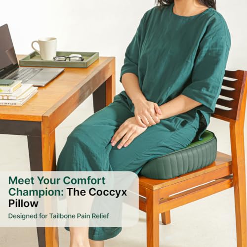 Image of The White Willow Coccyx Cushion for Tailbone Pain-Coccyx Sitting Pillow for Piles- Memory Foam Seat Cushion for Car, Office Chair-Coccyx Pillow for Sciatica & Hip Pain-Medium Firm-Above 60KG-Green