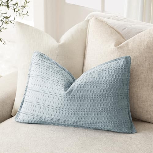 Image of Foindtower Set of 2 Decorative Cotton Waffle Weave Lumbar Throw Pillow Cover Euro Sham Cushion Covers Accent European Pillowcase For Bed Couch Sofa Bedroom Living Room Home Decor 12x20 Inch Light Blue