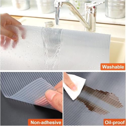 Image of Krenz Multipurpose Anti-Slip Mat, Sheet for Fridge, Kitchens, Cupboard, Drawers, Shelf Liner | Super Strong EVA, Water Resistant Washable for Kitchen Shelves (Transparent Line, 45W x 500L cm)