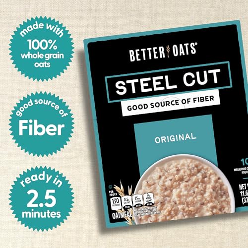 Image of Better Oats Steel Cut Instant Oatmeal Packets, Original Flavor with Flax Seeds, Quick-Cooking Breakfast, Box of 10 Pouches (Pack of 1)
