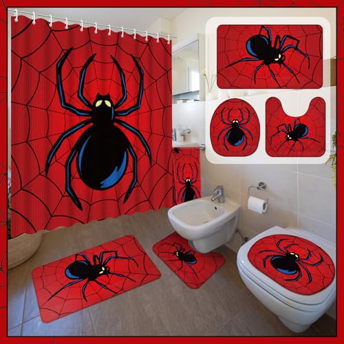 Nuanchu 6 Pcs Spider Shower Curtain Set with Rug Bathroom Sets with Shower Curtain Bath Mat U Shaped Mat Toilet Lid Cover 2 Bath Towels and 12 Hooks Red Black Spider Bathroom Decor