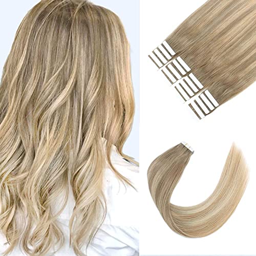 Sixstarhair Tape in Hair Extensions Balayage Hair Made Of 100 Human Hair Balayage Tape In Extensions Ombre Ash Brown Fading to Dirty Blonde Highlight Ash blonde [B8-18-60 18inch]