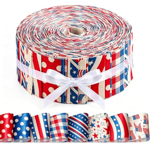40 Pcs 2.5 x 39.4 Patriotic Cotton Fabric Bundles Vintage Plaid Stripe Star Fabric 4th of July Sewing Fabrics for 250th Anniversary Independence Day DIY Craft Dcor