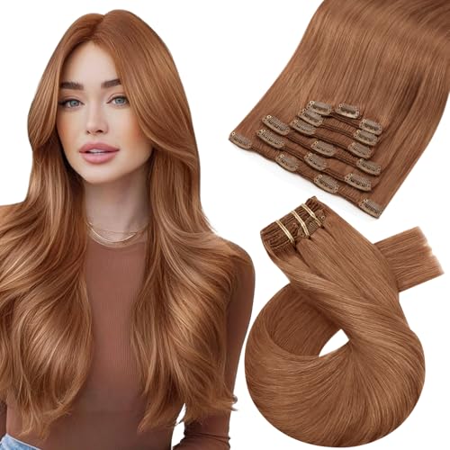 Image of Moresoo Copper Hair Extensions Clip ins Real Human Hair Copper Brown Clip in Hair Extensions Long Straight Can Be Curled for Women Full Head 120g /7pcs 18inch