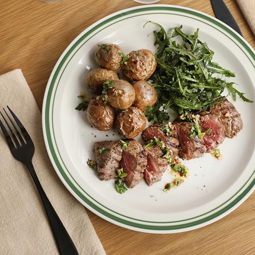 Image of Gibson Home Hometown Diner 12-Piece Porcelain Dinnerware Set, Round Plates and Bowls Set for 4, White with Green Rim, Dishwasher Safe - Dinner Plate, Salad Plate & Cereal Bowl
