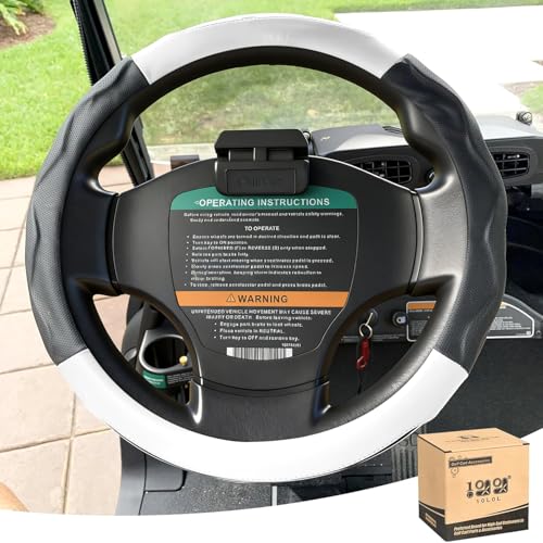 10L0L 14' Golf Cart Steering Wheel Cover For Club Car Ds/Precedent &Amp; Yamaha Models, Breathable Pu Leather, Non-Slip Grip, All-Season Protection （Black+White）