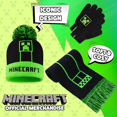 Image of Minecraft Winter Set for Boys, Teens, 3 Piece Hat Scarf Gloves or 2 Piece Gloves & Hat, Winter Accessories, Gifts for Boys