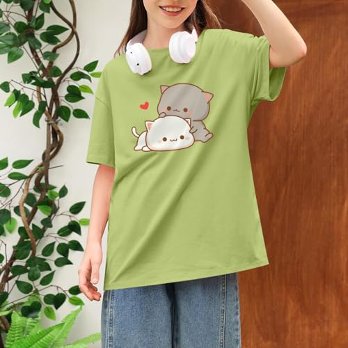 Image of KEEVICI Cute Cat Shirts for Girls Graphic Tees Kids Kawaii Cartoon Animal Print T Shirt Summer Cotton Short Sleeve Tops