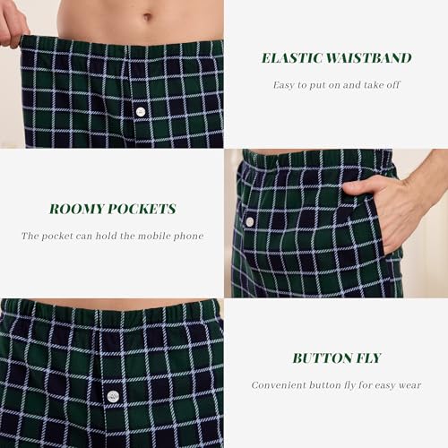 Vulcanodon Mens Fleece Plaid Pajama Pant, Soft Lightweight Lounge Sleep Bottoms with Pockets and Button Fly3