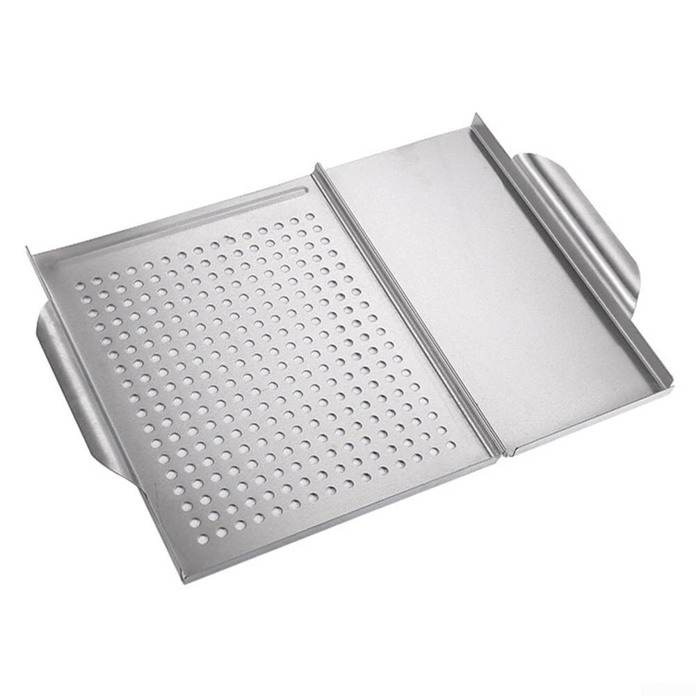 Bandeja de parrilla de acero inoxidable 2 en 1 para barbacoa verduras y pescado con diseño perforado para cocinar uniformemente y fácil limpieza, plata 30,7 x 45 cm (plato asado)