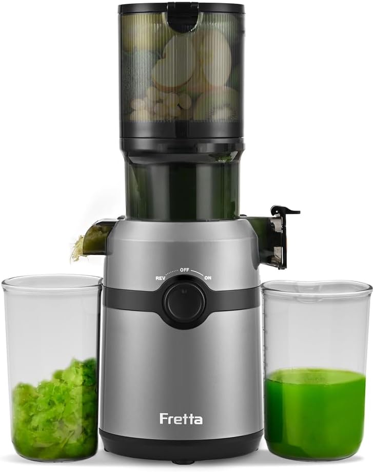 Cold Press Juicer Machines,Fretta Slow Masticating Juicer with 108mm &1.0L Hopper for Whole Fruits and Vegetables,200W Self Feeding High Yield Juice Extractor,BPA Free Tritan, (Light Grey)