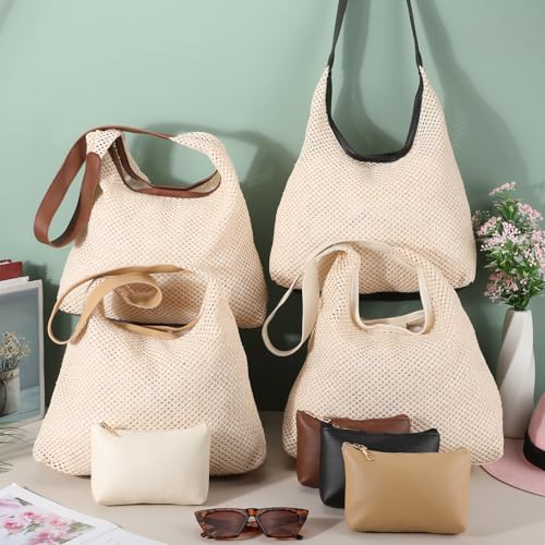Image of Dansydaisy 8 Pieces Large Tote Bags Bulk, Straw Tote Bag Summer Woven Beach Tote with Pocket Bag, for Women Shopping Bridesmaid Gift Bags