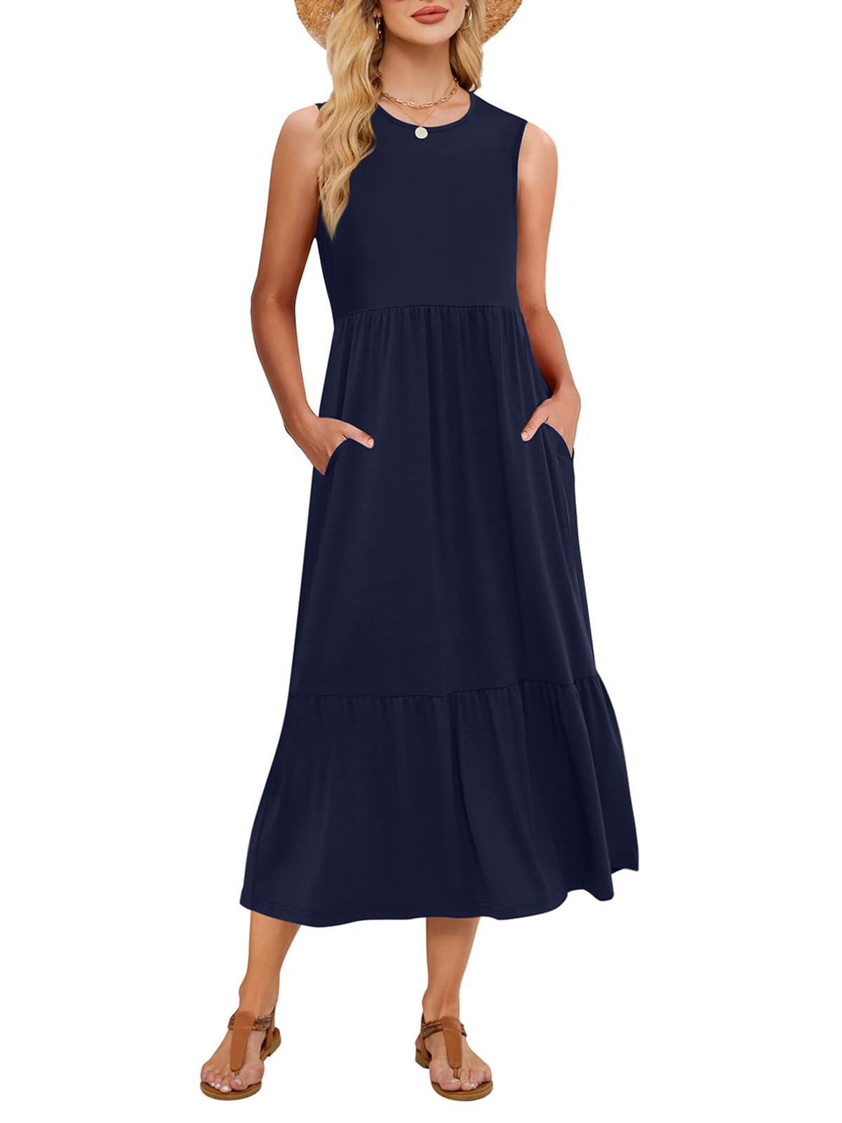 Gracyoga Women's Summer Maxi Dress 2025 Casual Sleeveless Crewneck Aline Flowy Tiered Long Beach Dresses with Pockets