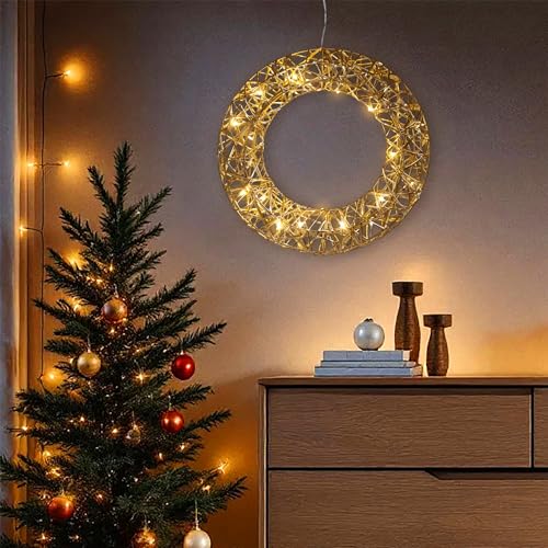 Leuchtring 30 cm mit Goldband umwickelt warm weiß mit Timer - 20 LED - Weihnachts Dekoleuchte zum Hängen Batterie betrieben - Weihnachten Stimmungslicht Advent Deko Ring beleuchtet