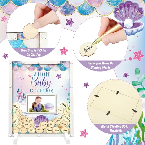 Image of Beeveer 65 Pcs Mermaid Baby Shower Guest Book Alternatives Sea You Soon Baby Shower Decorations Under The Sea Sign in Guest Book with Picture Frame and 60 Wooden Chip Mermaid Party Favors