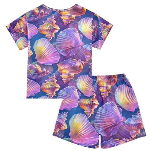 ALAZA Watercolor Summer Seashell Ocean Pajamas Set Short Sleeve Cotton Sleepwear Summer Pjs 2 Piece 5-14Y2