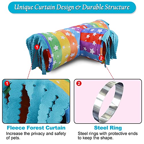 Image of Guinea Pig Tunnel-HOMEYA Guinea Pig Hideout,Collapsible 3 Way Hamster Play Tubes with Fleece Forest Curtain,Small Animal Pet Toys and Cage Accessories for Rabbit Bunny Ferret Rat Hedgehog-L