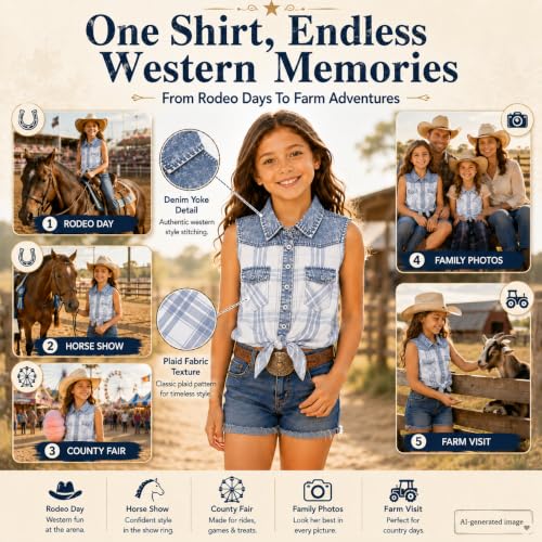 Image of Bienzoe Western Plaid Girls Shirt: Sleeveless Button Down | For girls who love cowgirl style, rodeo days, country concerts, summer comfort, family photos, horse shows, outdoor fun