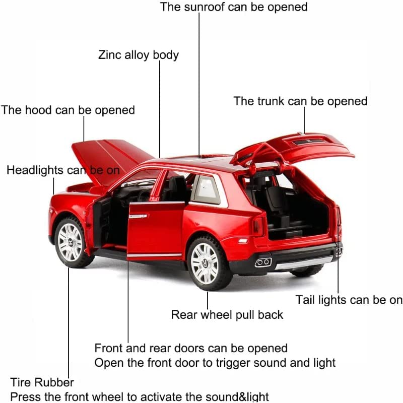 Image of Alloy Metal Pull Back Die-cast Car 1:32 Rolls Royce CULLINAN Diecast Metal Pullback Toy car with Openable Doors & Light, Music Boys Gifts Toys for Kids (RED)