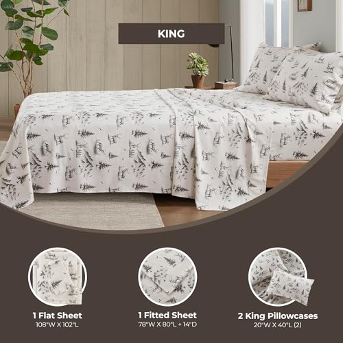 Image of Woolrich Cotton Sheet Set Cottage Charms Print, 100% Cotton Flannel Sheets Warm & Fuzzy Bedding Set King Size Sheets, Fitted Pocket Fits Up to 14 inch Mattress, King Gray Deer Toile 4 Piece