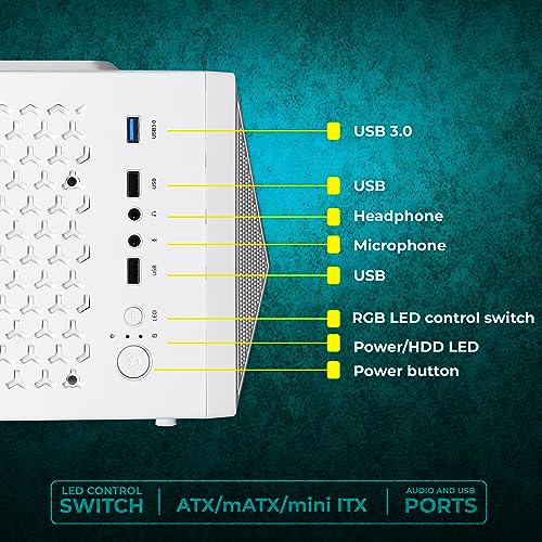 Image of ZEBRONICS Atomic Mid-Tower Premium Gaming Cabinet, ATX /M-ATX /M-ITX, 1 x 120 mm RGB Inner Glow Rear Fan, LED Strip with Control Switch, Tempered Glass Side Panel, USB 3.0, USB 2.0 (White)