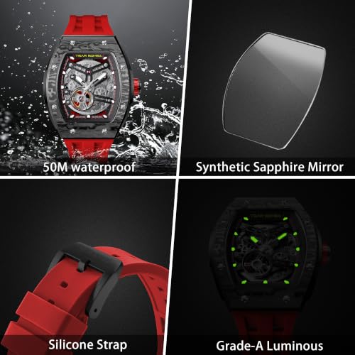 Image of TSAR BOMBA Men's Automatic Watch Tonneau Luxury Skeleton Watches for Men Mechanical 50M Waterproof Analogue Watches Mens Unique Cool Square Big Face Dial Wristwatch with Silicone Strap Band