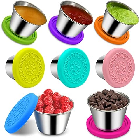 Hydream 8Pack Salad Dressing Containers To Go,2.4oz Small Condiment Containers with Lids, Stainless Steel Condiment Cup Dipping Sauce Cups Container for Lunch Bento Box Leakproof Silicone Lids Cover